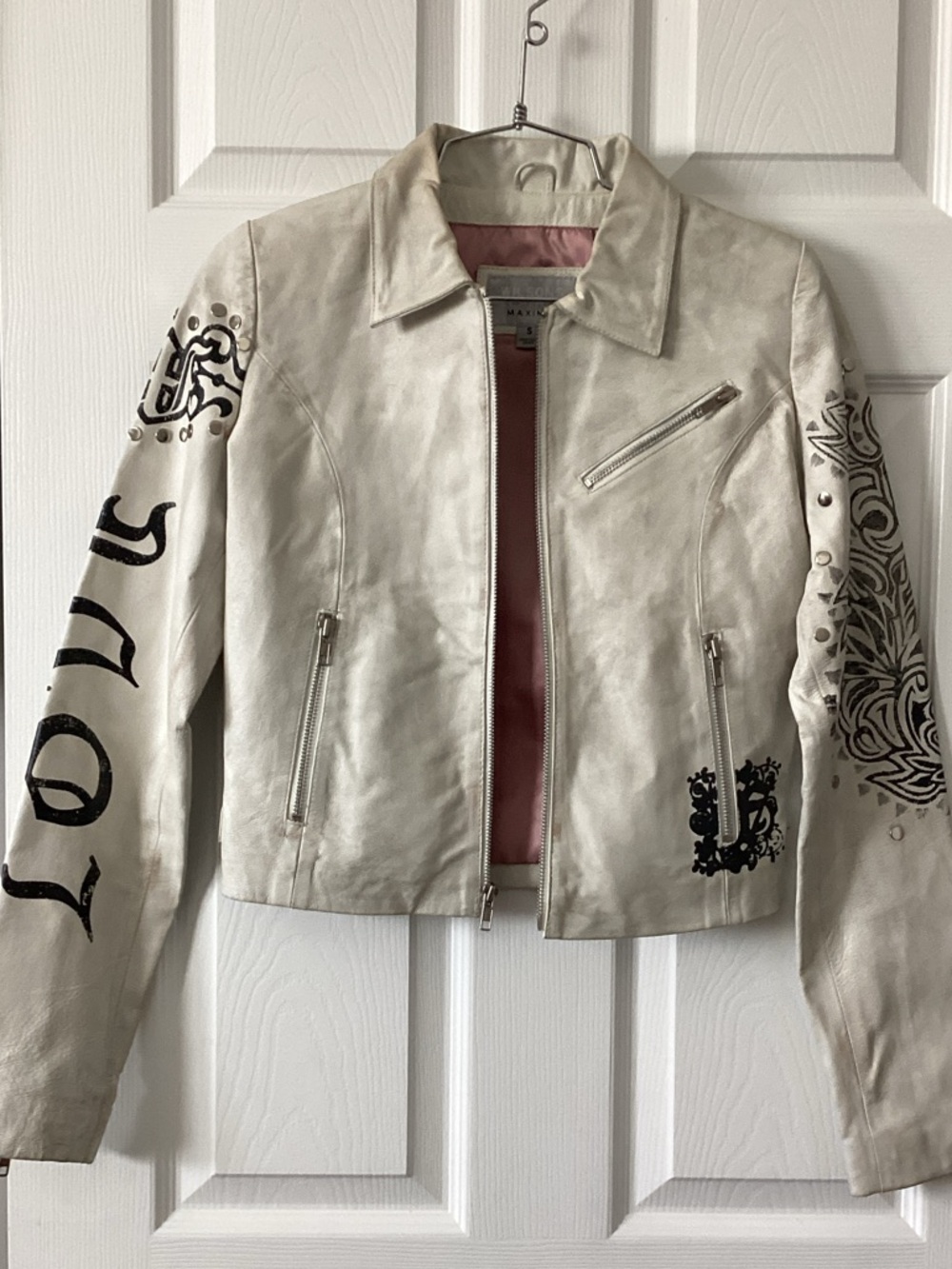 Wilsons Leather White Embellished Graphic Festival Moto Jacket
